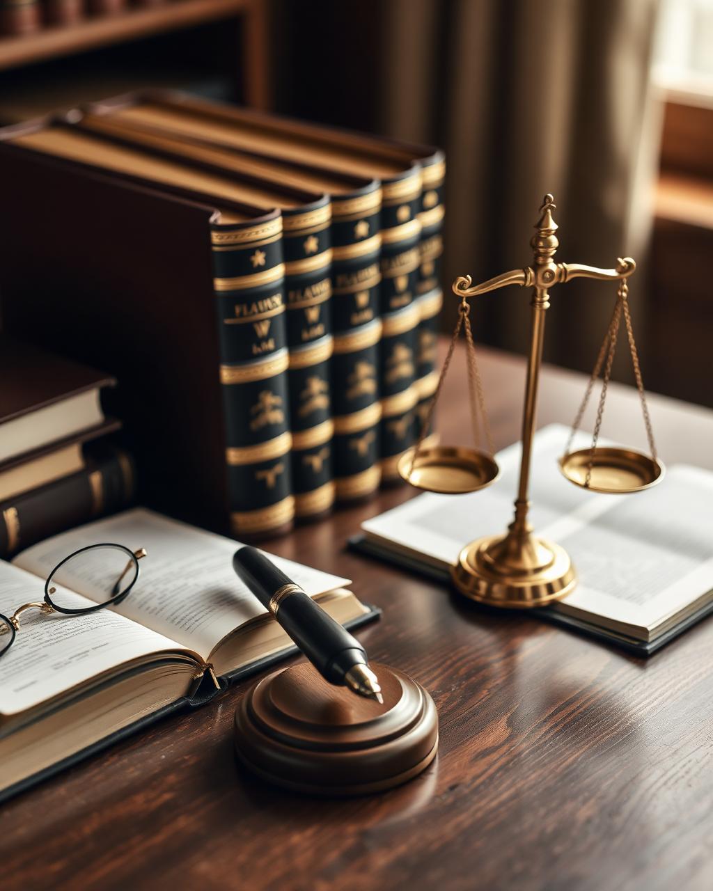 Law books, scales of justice, and a fountain pen on a walnut desk